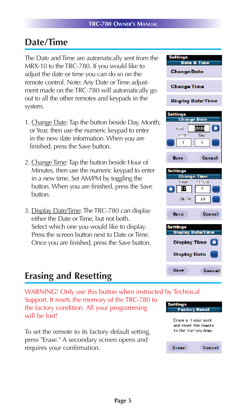 Date/time, Erasing and resetting | Universal Remote Control (URS) TRC-780 User Manual | Page 8 / 18