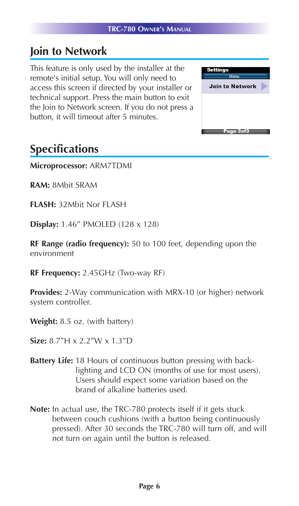 Join to network, Specifications | Universal Remote Control (URS) TRC-780 User Manual | Page 9 / 18