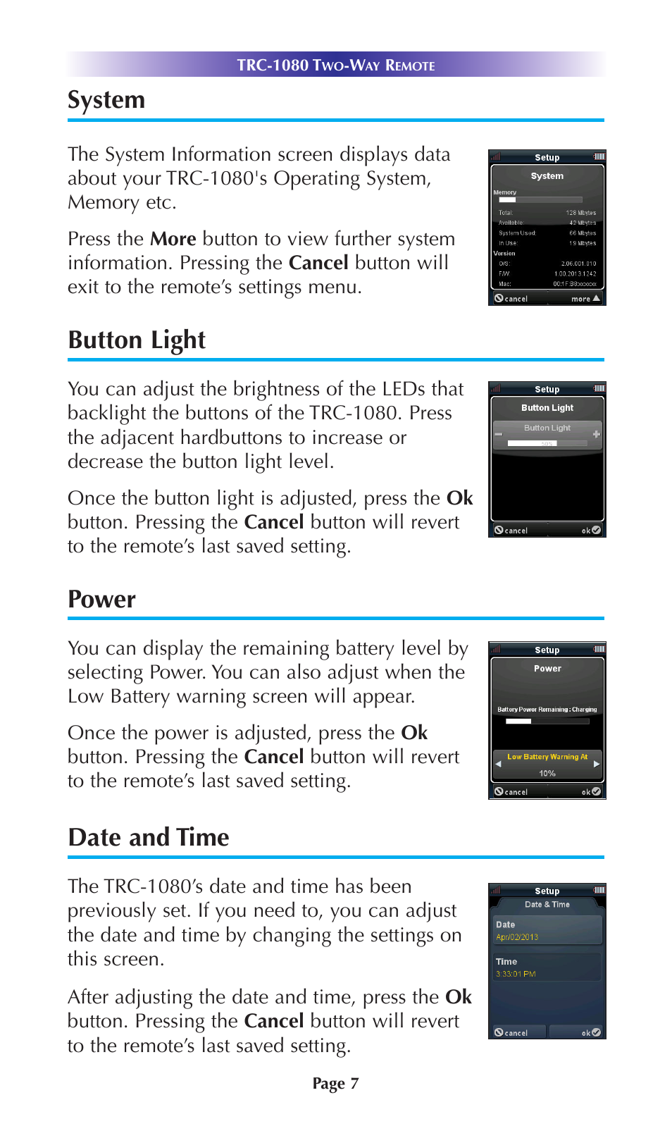 Button light, System, Power | Date and time | Universal Remote Control (URS) TRC-1080 User Manual | Page 10 / 23