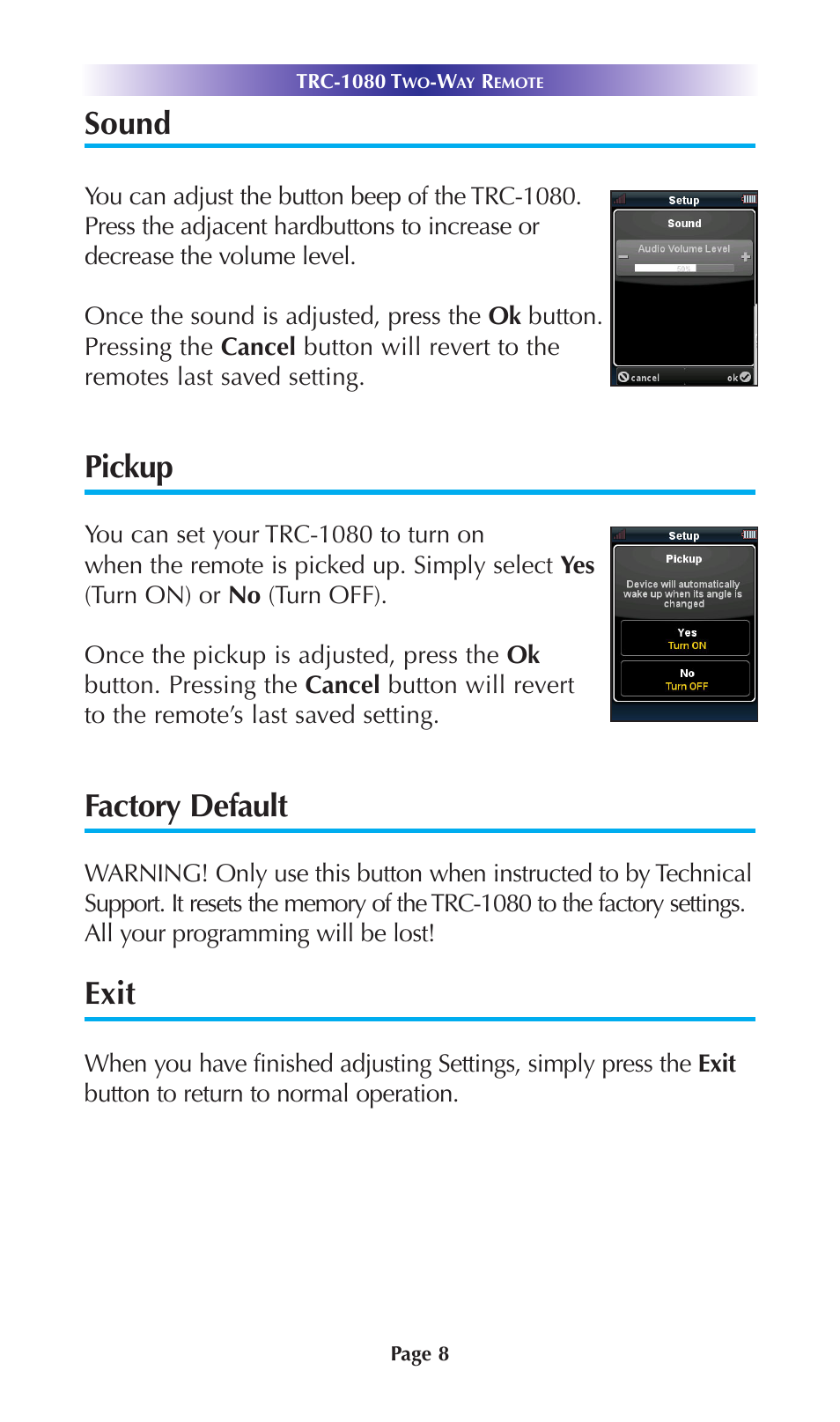 Sound, Pickup, Factory default | Exit | Universal Remote Control (URS) TRC-1080 User Manual | Page 11 / 23