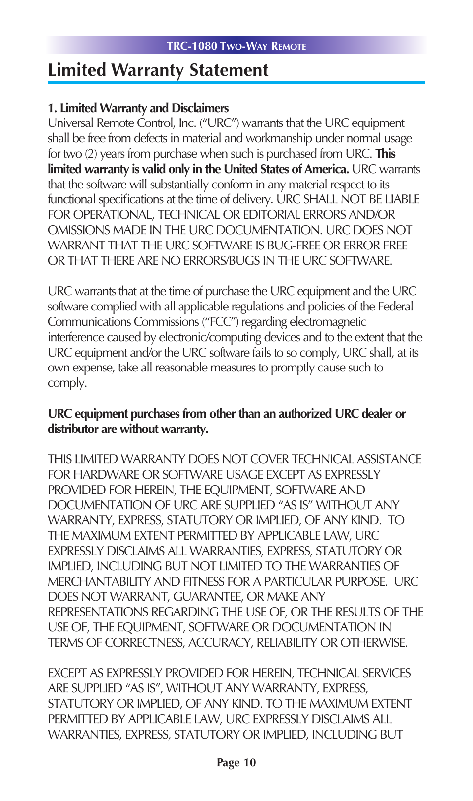 Limited warranty statement | Universal Remote Control (URS) TRC-1080 User Manual | Page 13 / 23