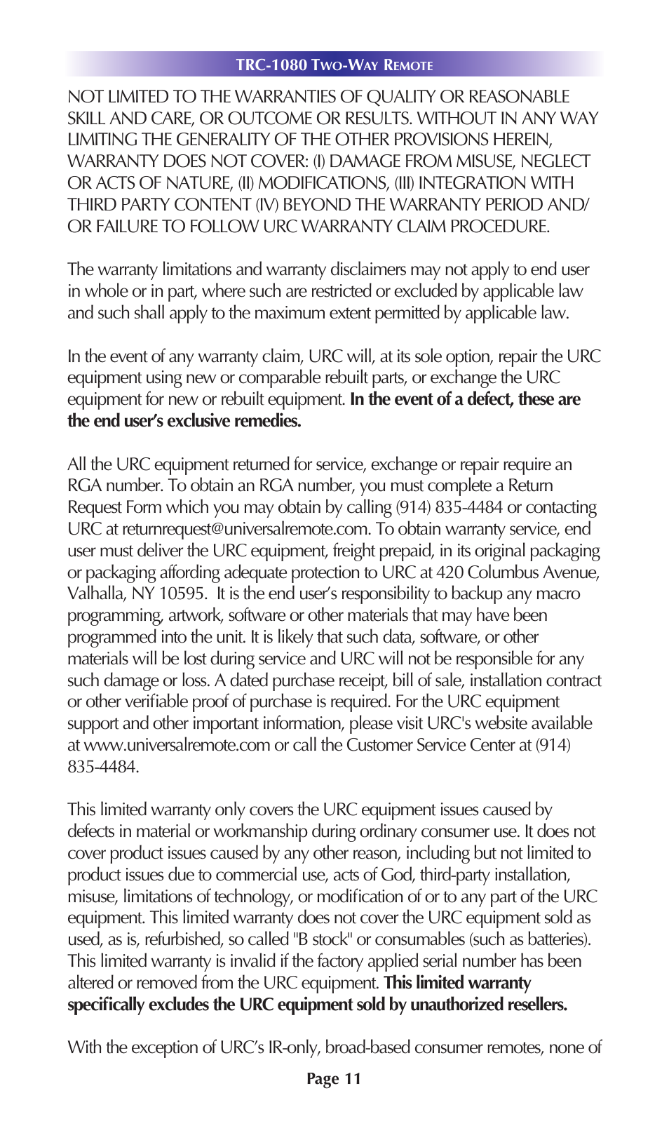 Universal Remote Control (URS) TRC-1080 User Manual | Page 14 / 23