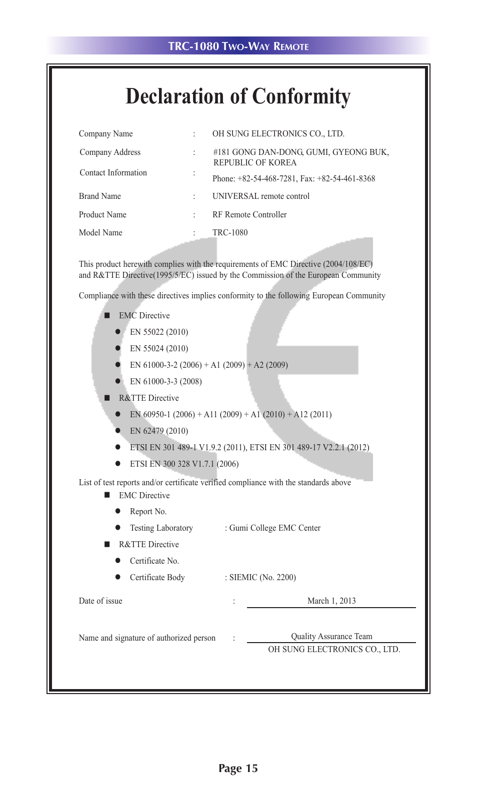 Declaration of conformity | Universal Remote Control (URS) TRC-1080 User Manual | Page 18 / 23