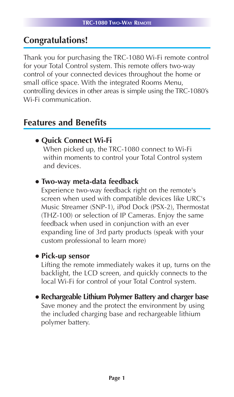 Congratulations, Features and benefits, Quick connect wi-fi | Two-way meta-data feedback, Pick-up sensor | Universal Remote Control (URS) TRC-1080 User Manual | Page 4 / 23