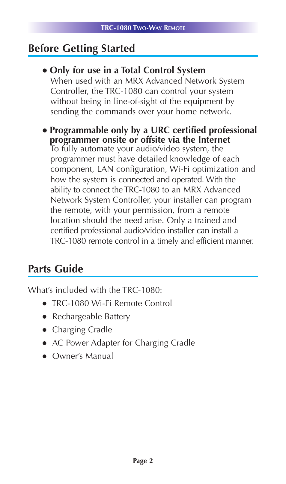 Before getting started, Parts guide, Only for use in a total control system | Universal Remote Control (URS) TRC-1080 User Manual | Page 5 / 23