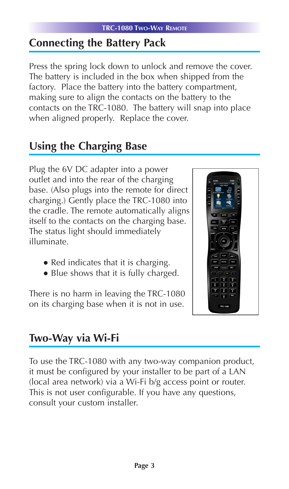 Connecting the battery pack, Using the charging base, Two-way via wi-fi | Universal Remote Control (URS) TRC-1080 User Manual | Page 6 / 23