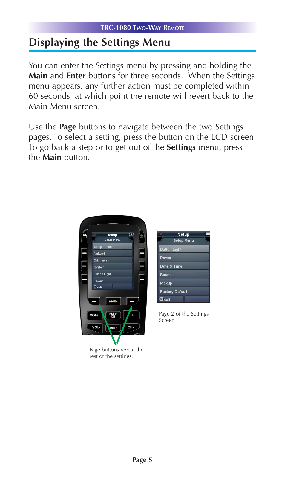 Displaying the settings menu | Universal Remote Control (URS) TRC-1080 User Manual | Page 8 / 23