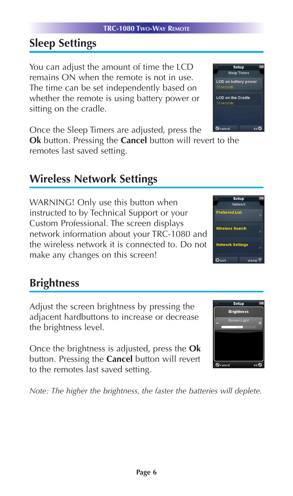 Sleep settings, Wireless network settings, Brightness | Universal Remote Control (URS) TRC-1080 User Manual | Page 9 / 23