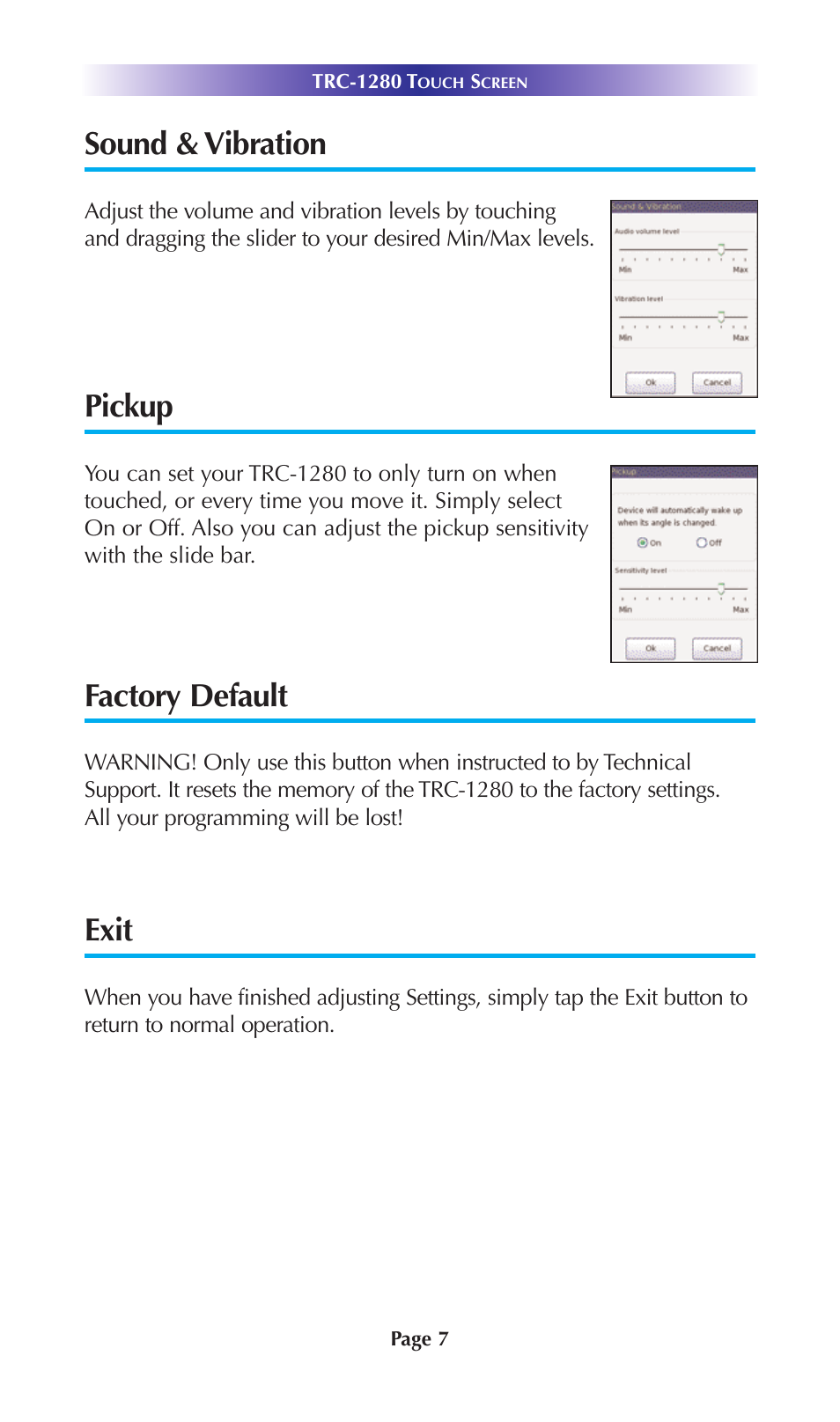 Sound & vibration, Pickup, Factory default | Exit | Universal Remote Control (URS) TRC-1280 User Manual | Page 10 / 21