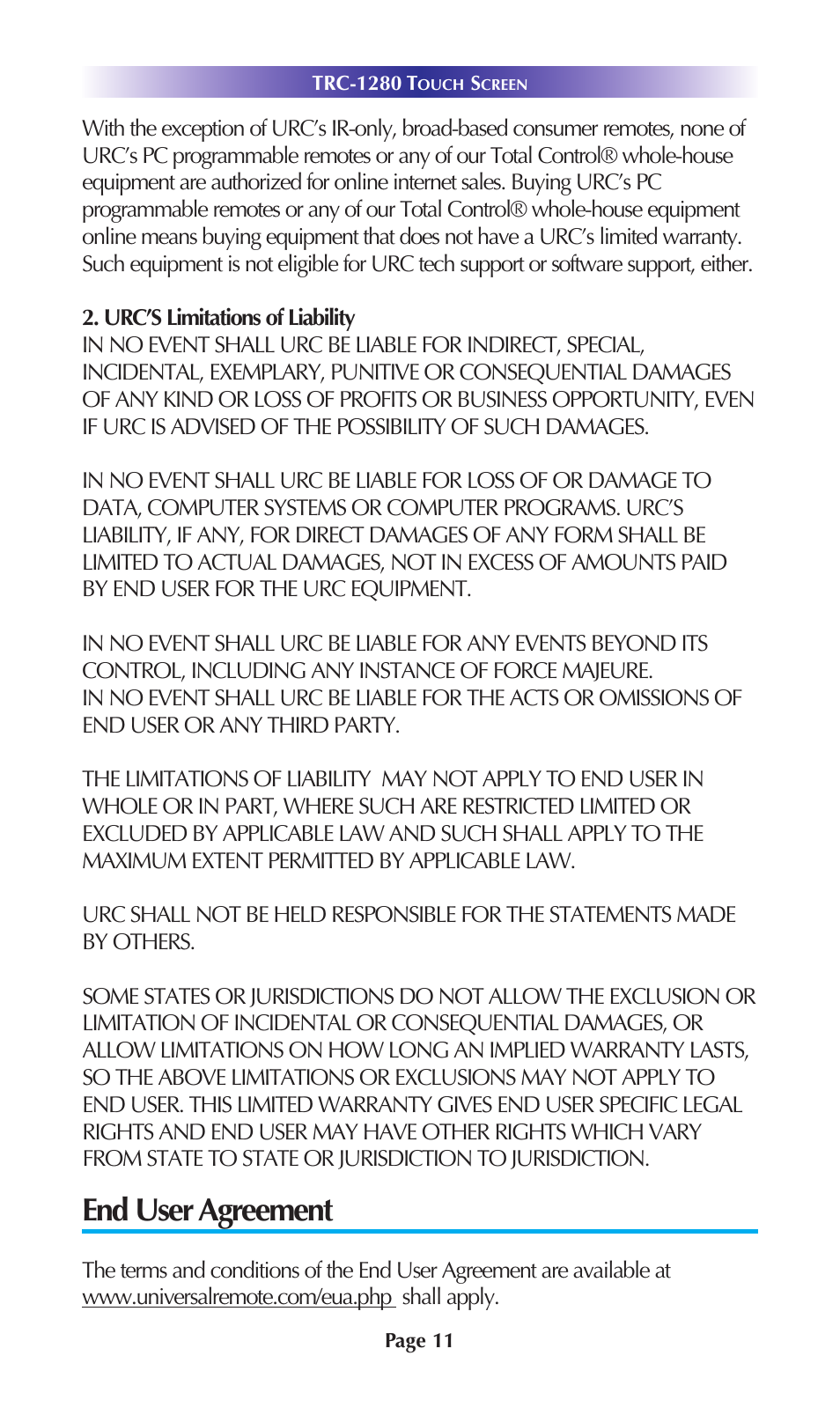 End user agreement | Universal Remote Control (URS) TRC-1280 User Manual | Page 14 / 21