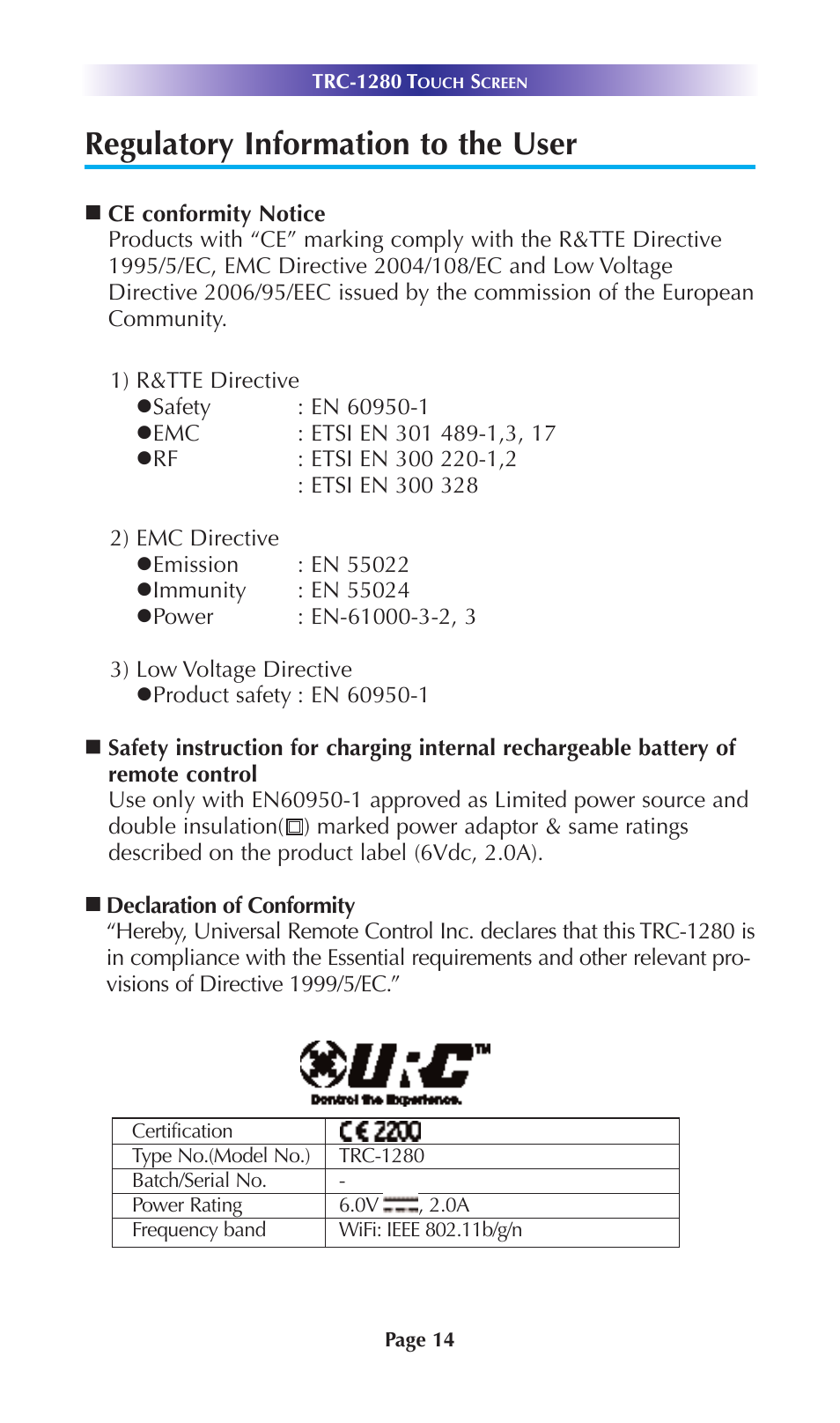 Regulatory information to the user | Universal Remote Control (URS) TRC-1280 User Manual | Page 17 / 21