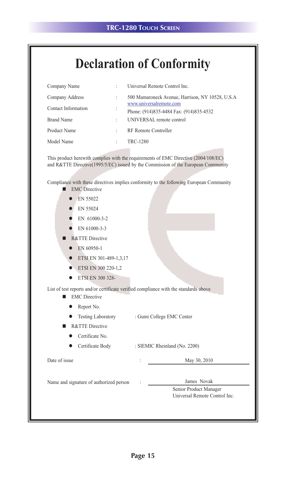 Declaration of conformity | Universal Remote Control (URS) TRC-1280 User Manual | Page 18 / 21