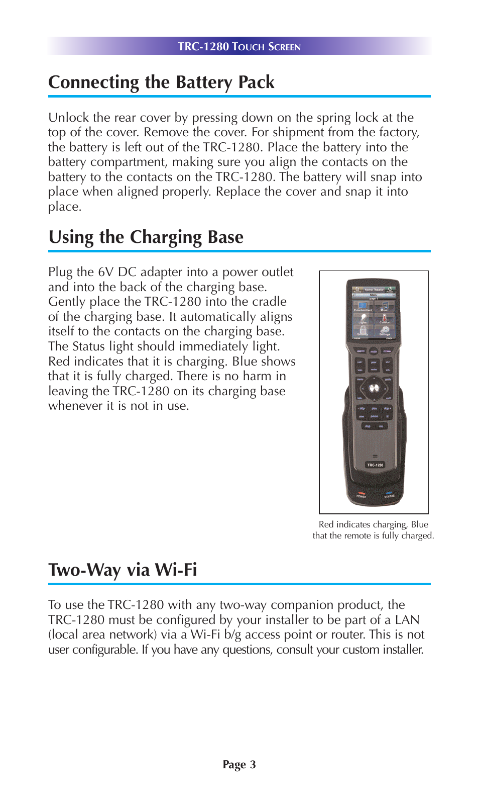 Connecting the battery pack, Using the charging base, Two-way via wi-fi | Universal Remote Control (URS) TRC-1280 User Manual | Page 6 / 21