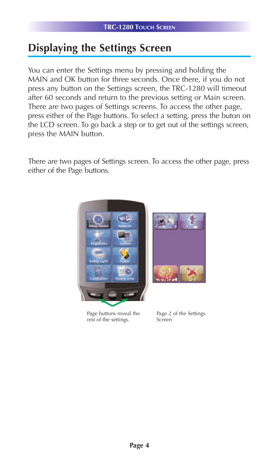 Displaying the settings screen | Universal Remote Control (URS) TRC-1280 User Manual | Page 7 / 21