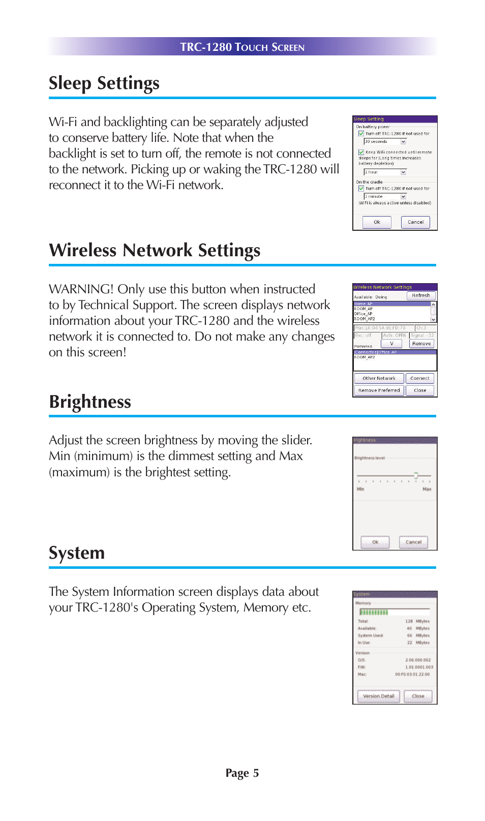 Sleep settings, Wireless network settings, Brightness | System | Universal Remote Control (URS) TRC-1280 User Manual | Page 8 / 21