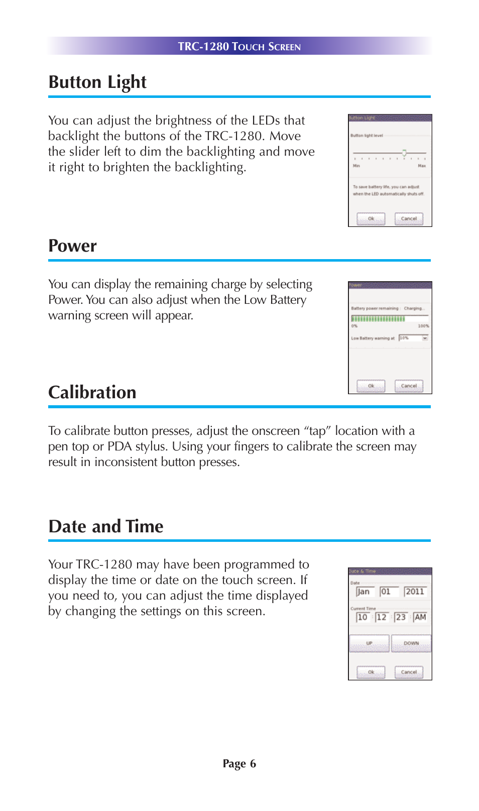 Button light, Power, Calibration | Date and time | Universal Remote Control (URS) TRC-1280 User Manual | Page 9 / 21