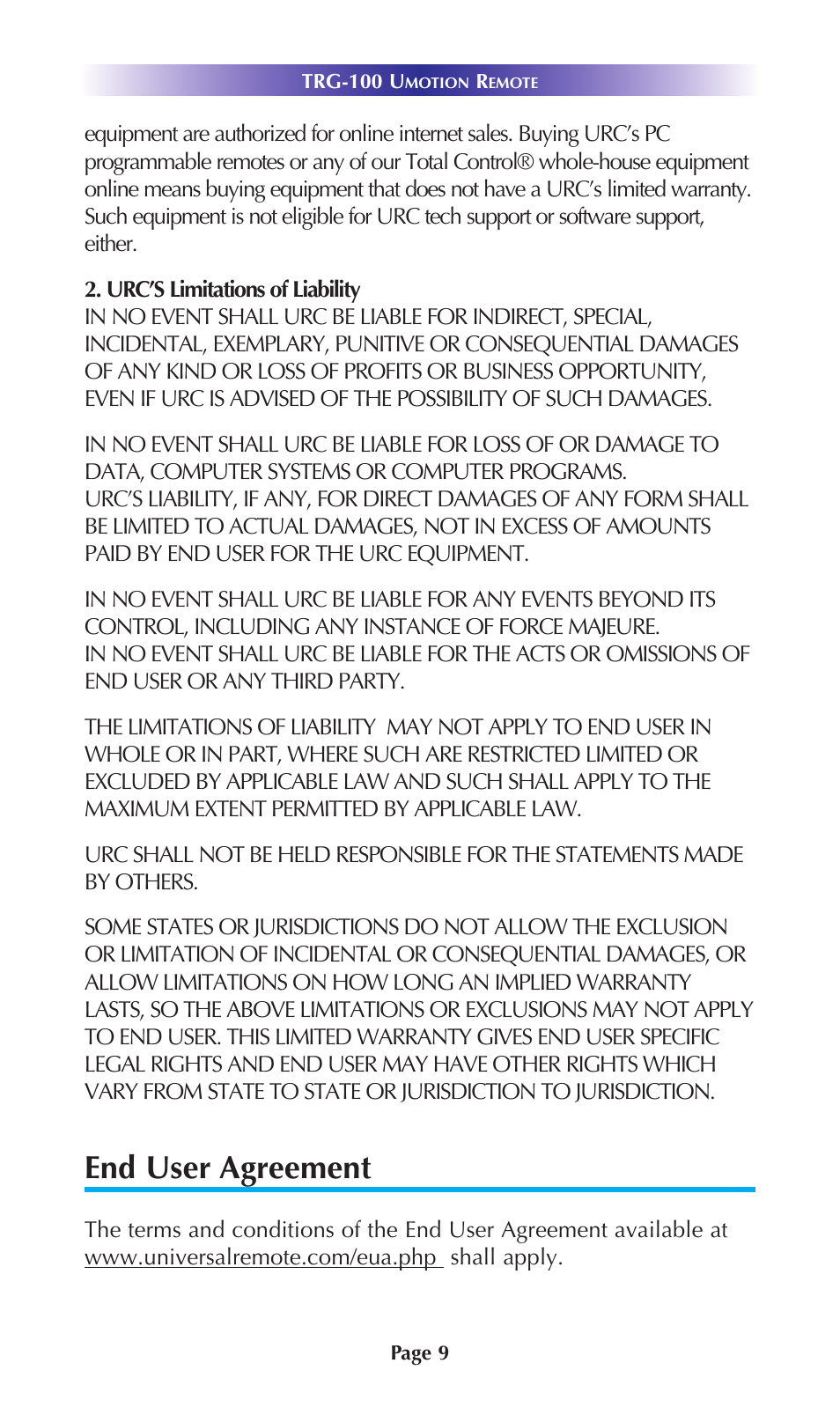 Limited warranty statement, End user agreement | Universal Remote Control (URS) TRG-200 User Manual | Page 12 / 19