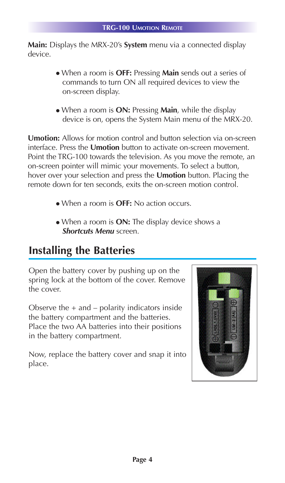 Installing the batteries | Universal Remote Control (URS) TRG-200 User Manual | Page 7 / 19