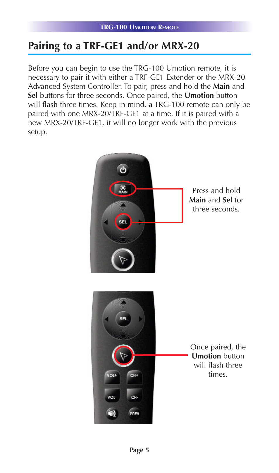 Pairing to a trf-ge1 and/or mrx-20 | Universal Remote Control (URS) TRG-200 User Manual | Page 8 / 19