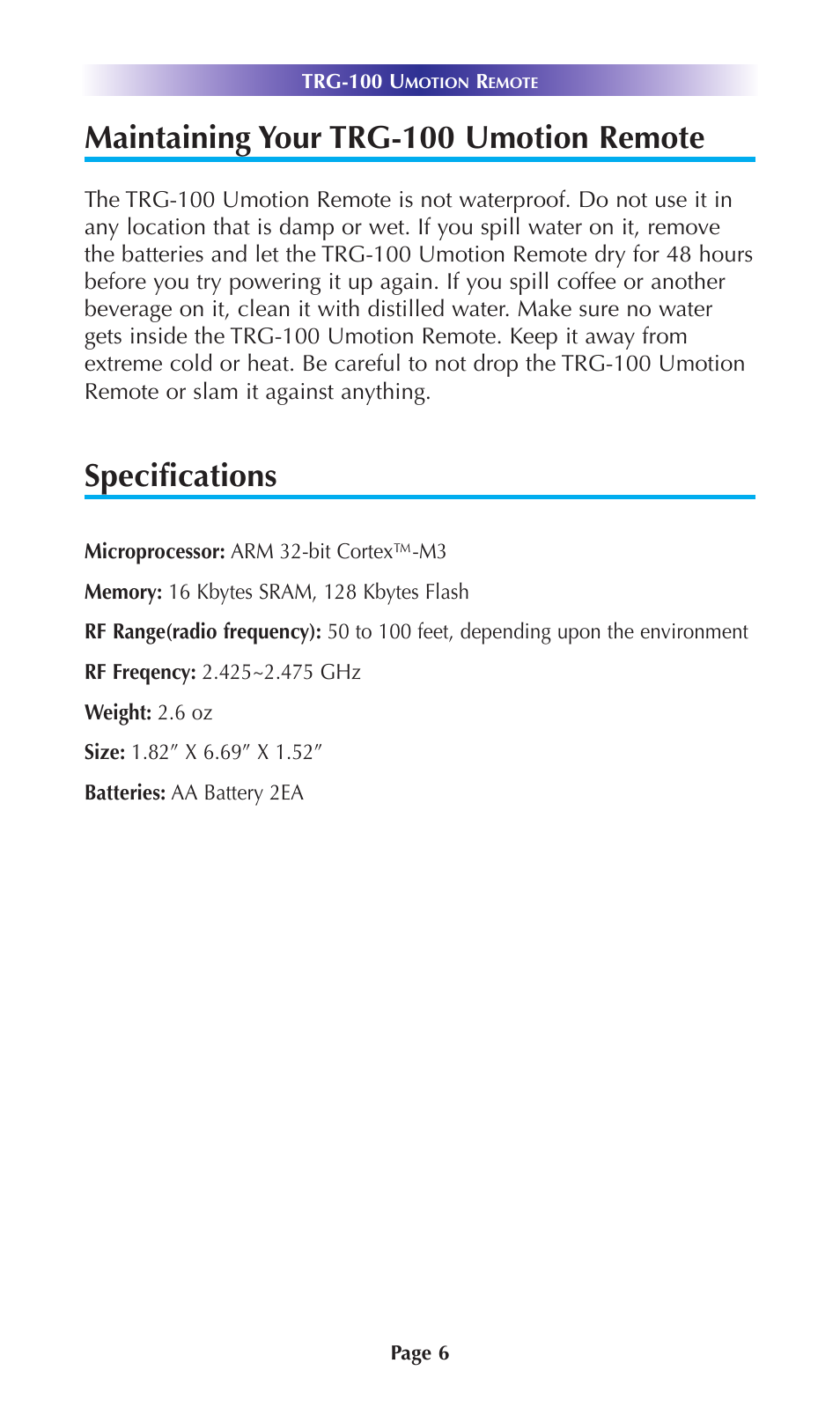 Maintaining your trg-100 umotion remote, Specifications | Universal Remote Control (URS) TRG-200 User Manual | Page 9 / 19