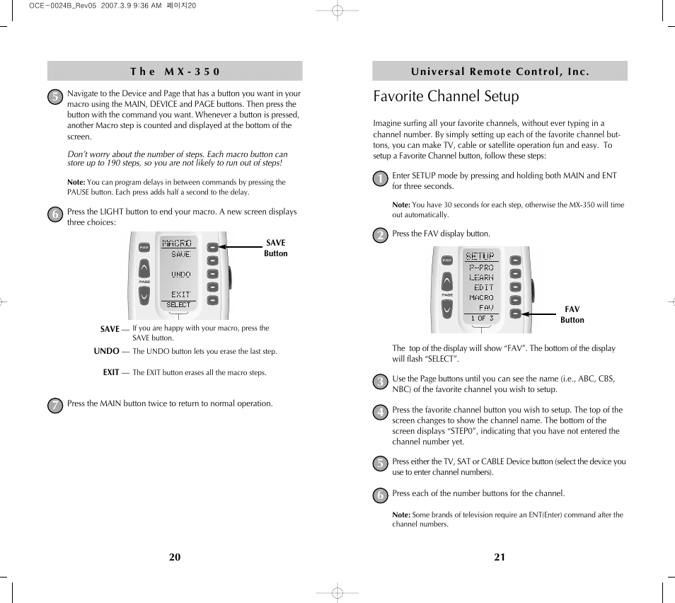 Favorite channel setup | Universal Remote Control (URS) MX-350 User Manual | Page 12 / 33