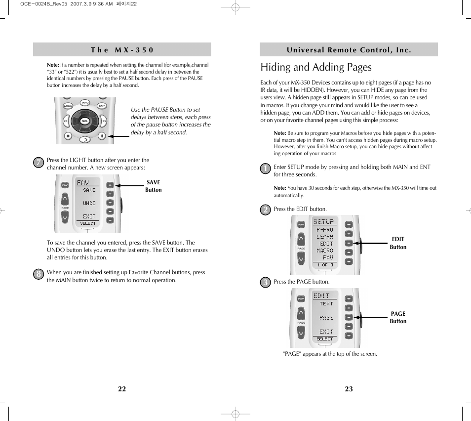 Hiding and adding pages | Universal Remote Control (URS) MX-350 User Manual | Page 13 / 33