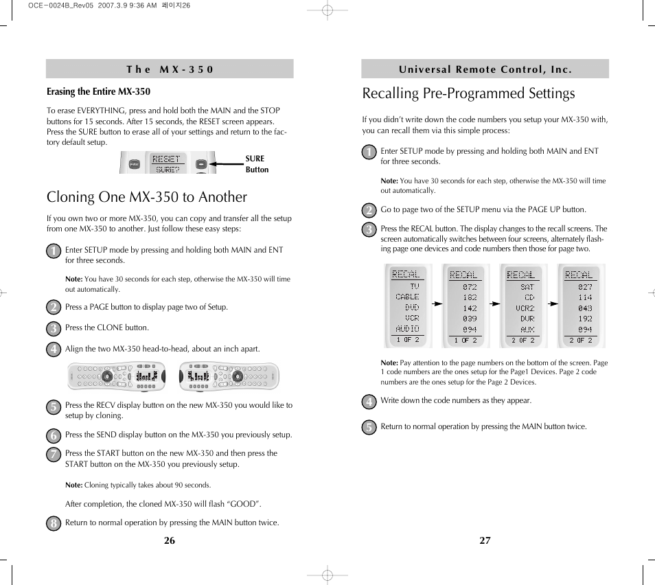 Recalling pre-programmed settings, Cloning one mx-350 to another | Universal Remote Control (URS) MX-350 User Manual | Page 15 / 33
