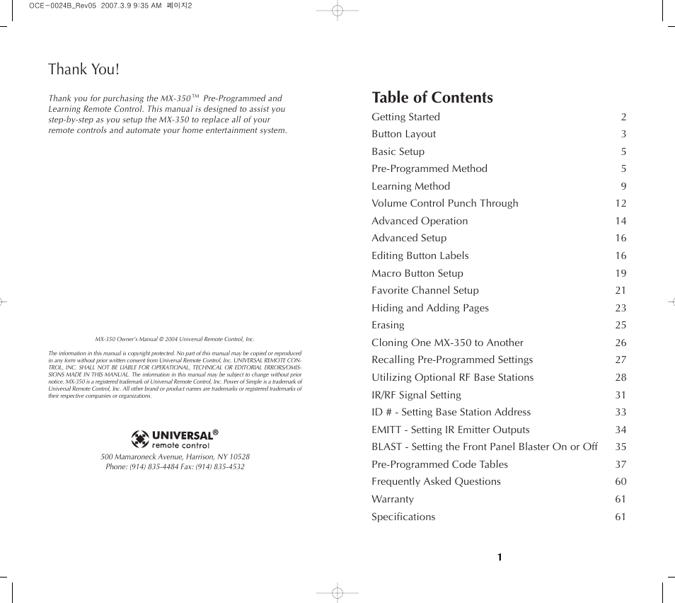 Universal Remote Control (URS) MX-350 User Manual | Page 2 / 33