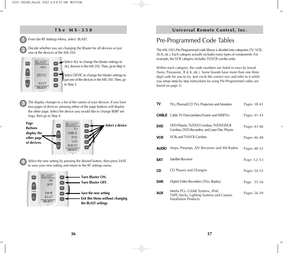 Pre-programmed code tables | Universal Remote Control (URS) MX-350 User Manual | Page 20 / 33