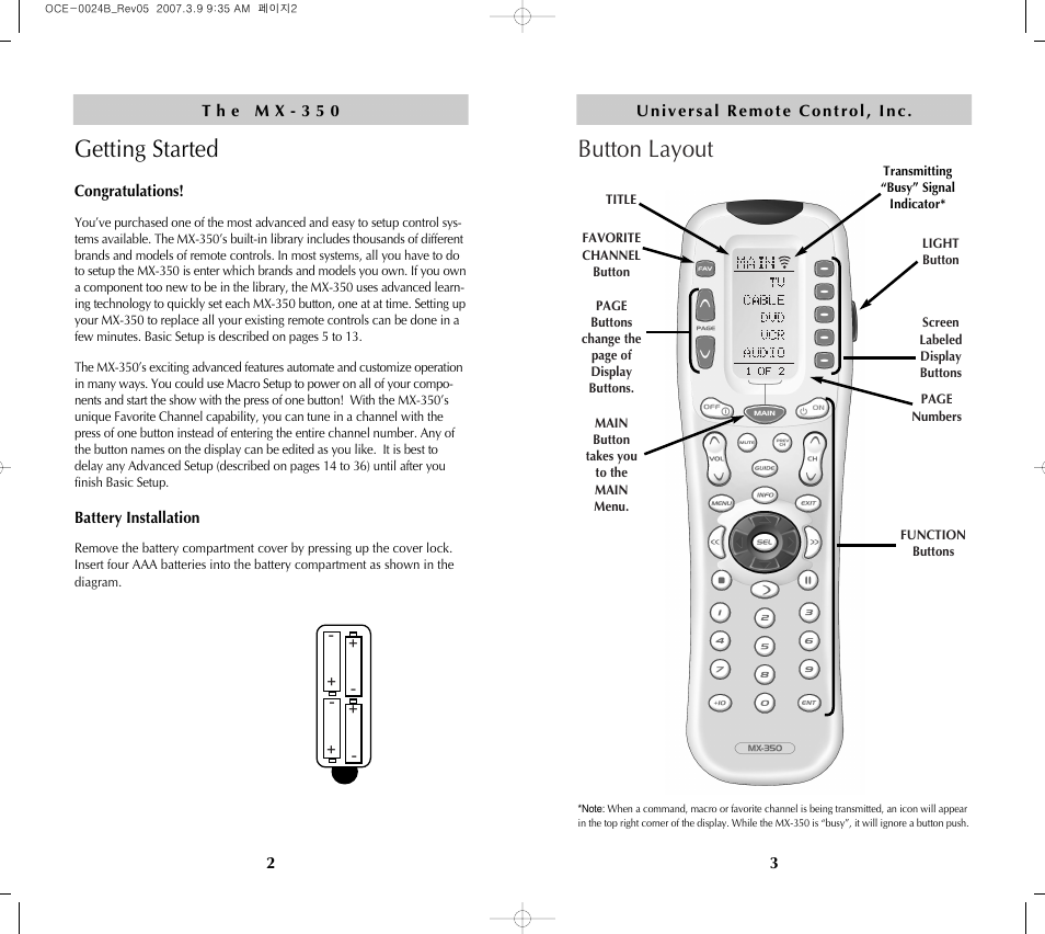 Getting started, Button layout | Universal Remote Control (URS) MX-350 User Manual | Page 3 / 33