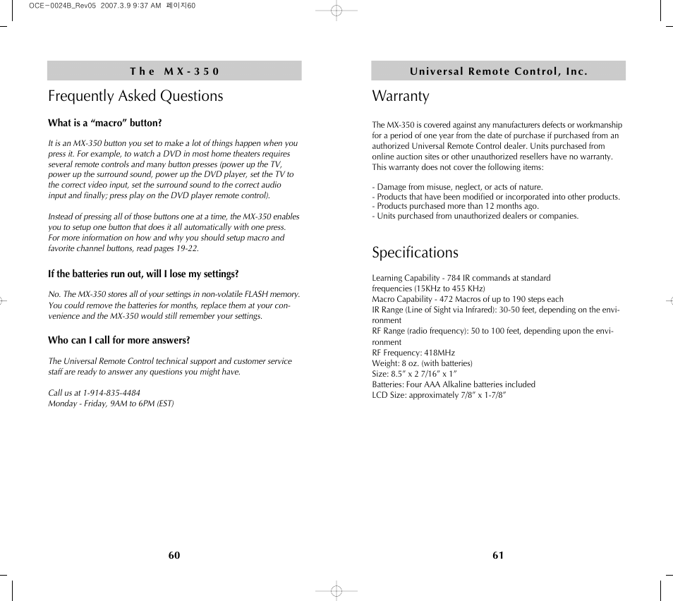 Frequently asked questions, Warranty, Specifications | Universal Remote Control (URS) MX-350 User Manual | Page 32 / 33