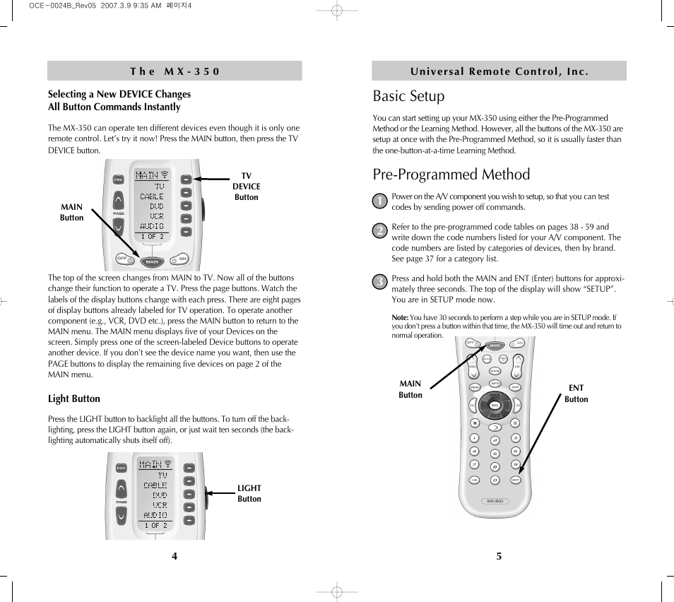 Basic setup, Pre-programmed method | Universal Remote Control (URS) MX-350 User Manual | Page 4 / 33