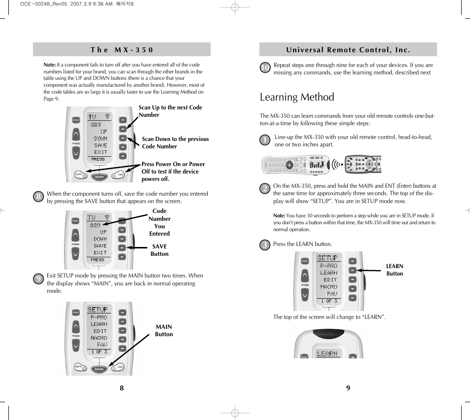 Learning method | Universal Remote Control (URS) MX-350 User Manual | Page 6 / 33