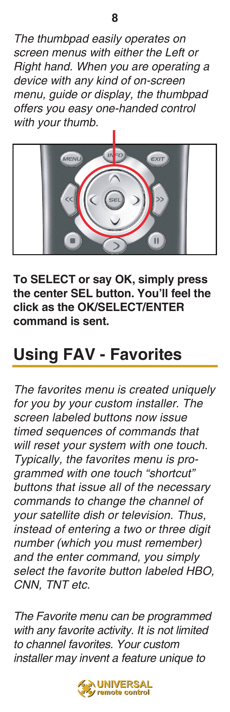 Using fav - favorites | Universal Remote Control (URS) MX-850 User Manual | Page 11 / 20