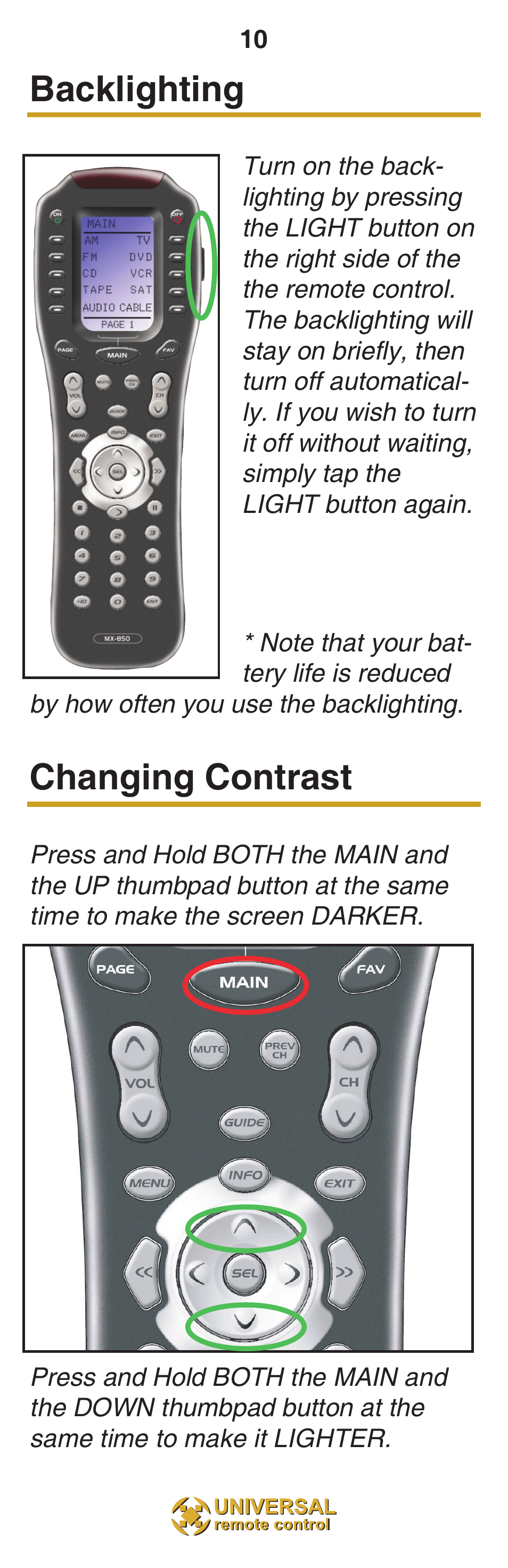 Backlighting, Changing contrast | Universal Remote Control (URS) MX-850 User Manual | Page 13 / 20