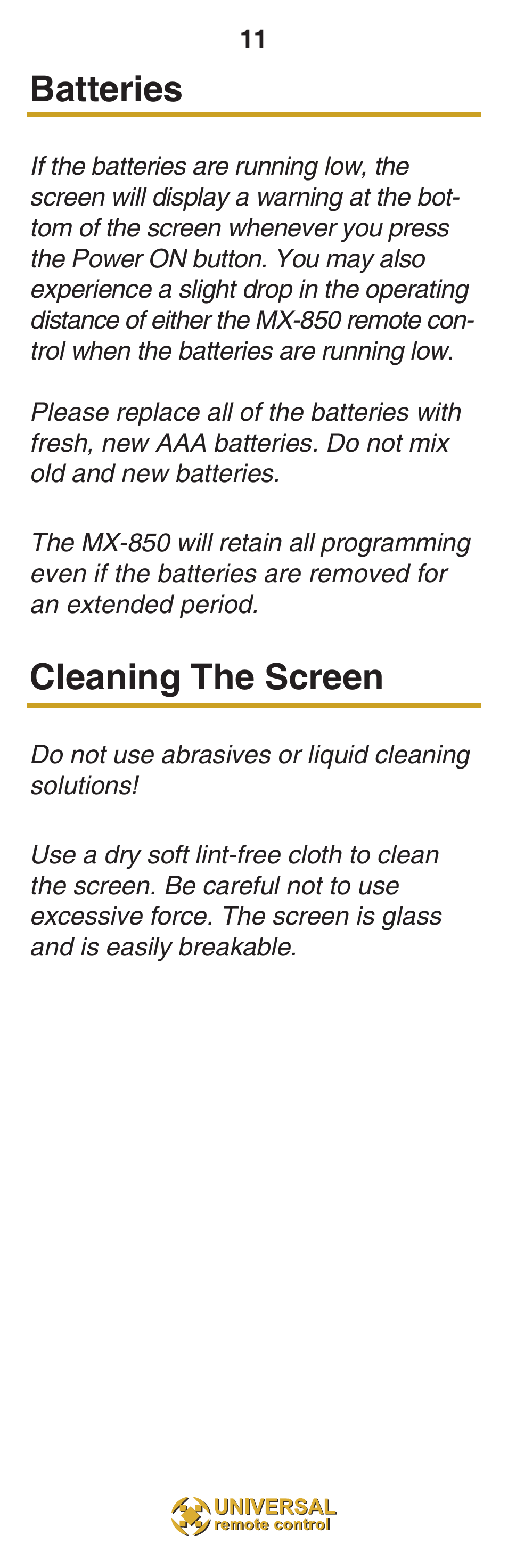 Batteries, Cleaning the screen | Universal Remote Control (URS) MX-850 User Manual | Page 14 / 20