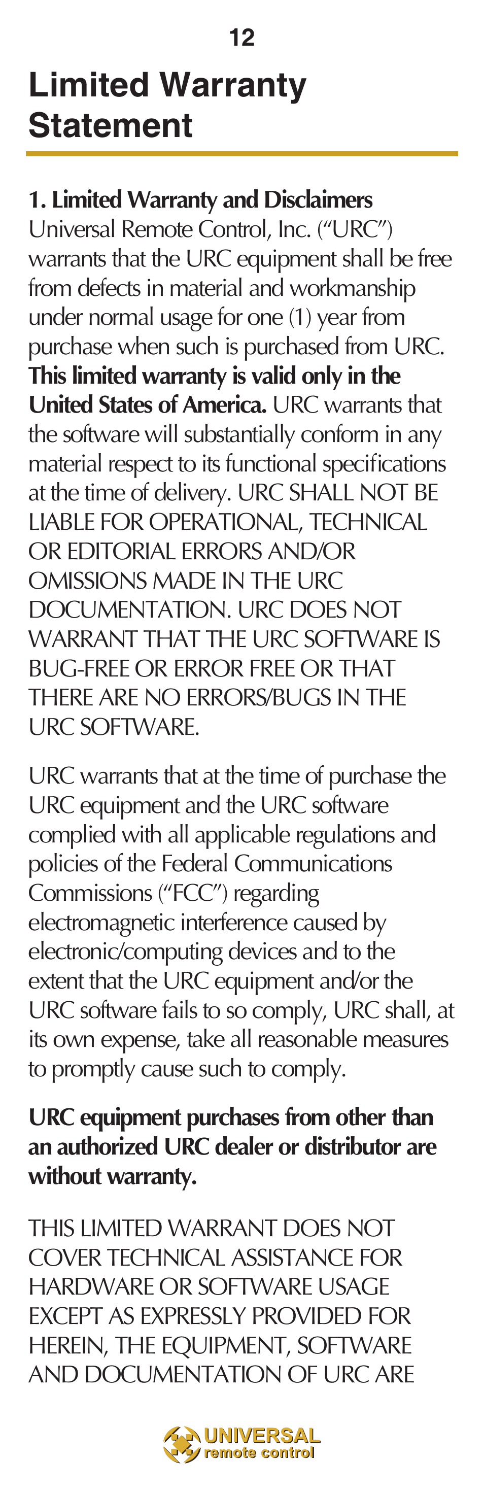 Limited warranty statement | Universal Remote Control (URS) MX-850 User Manual | Page 15 / 20