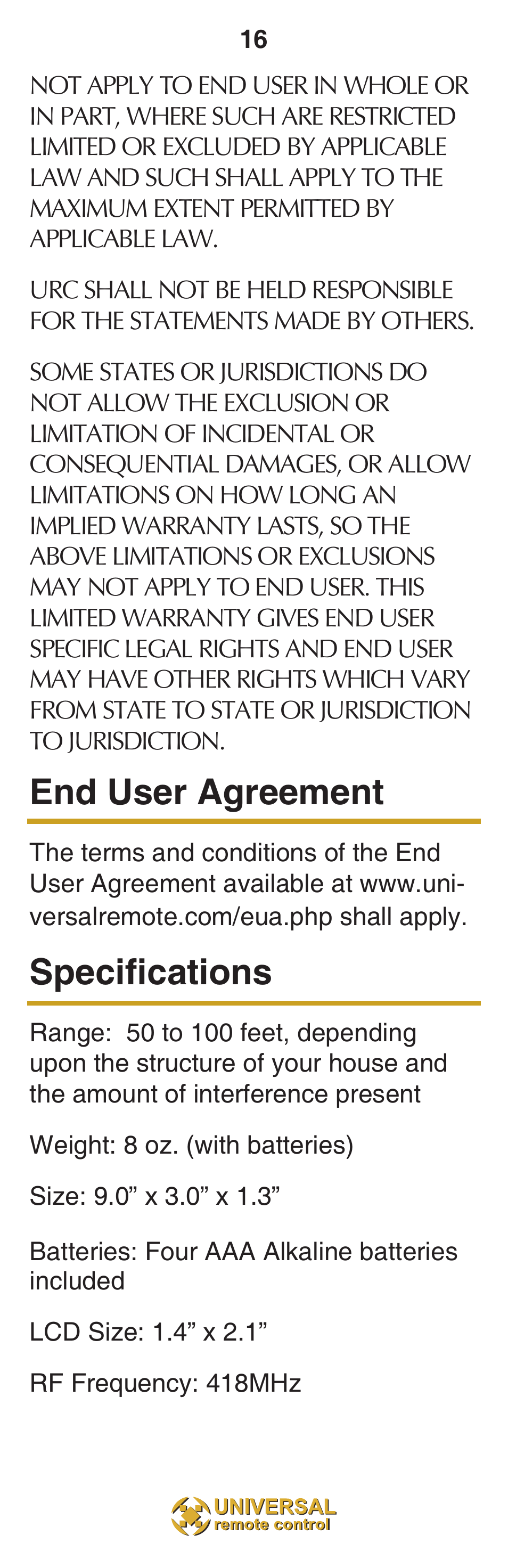 End user agreement, Specifications | Universal Remote Control (URS) MX-850 User Manual | Page 19 / 20