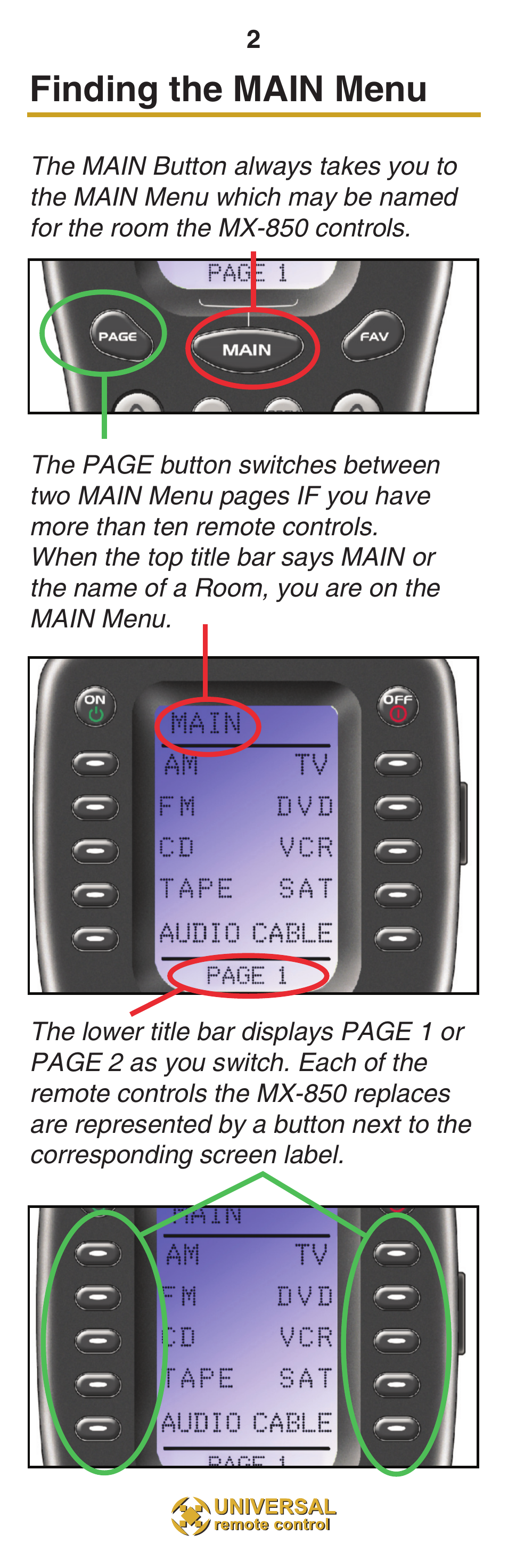 Finding the main menu | Universal Remote Control (URS) MX-850 User Manual | Page 5 / 20