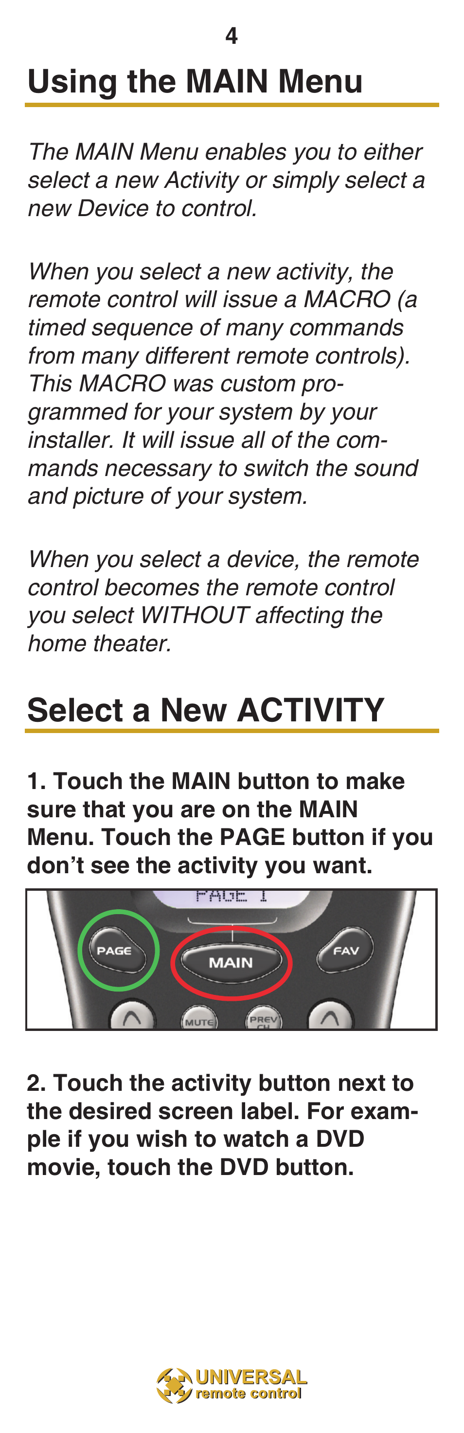 Using the main menu, Select a new activity | Universal Remote Control (URS) MX-850 User Manual | Page 7 / 20