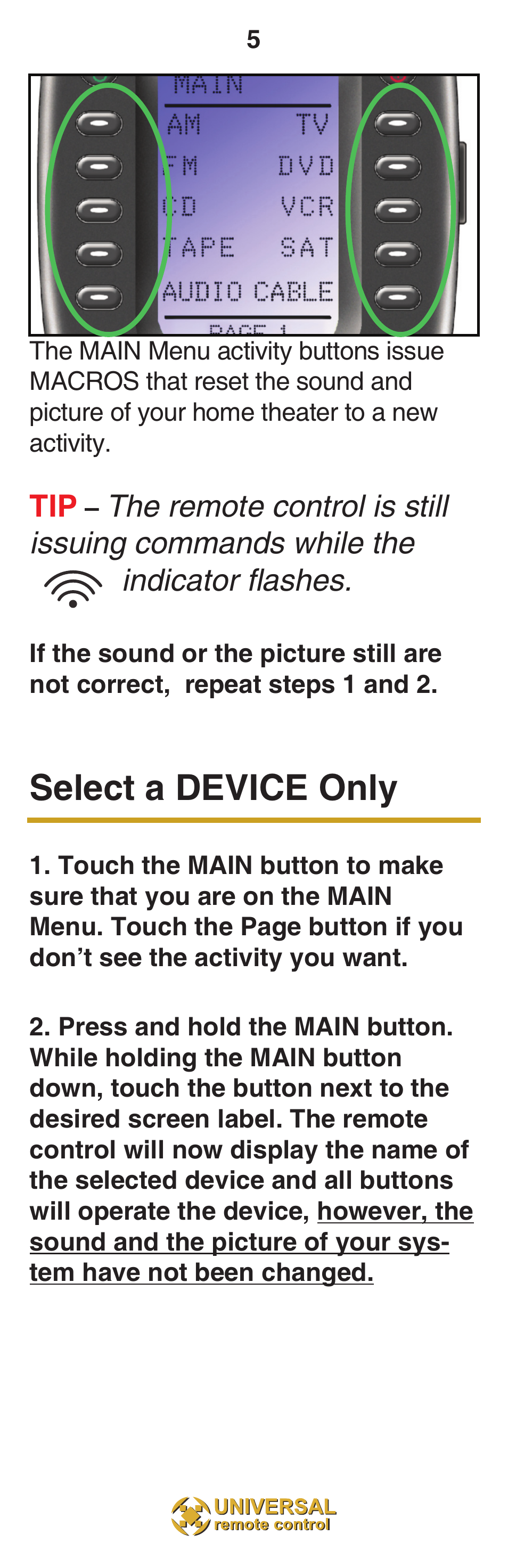 Select a device only | Universal Remote Control (URS) MX-850 User Manual | Page 8 / 20