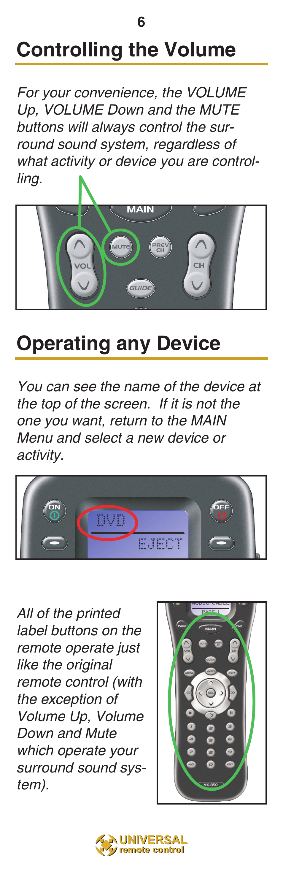 Controlling the volume, Operating any device | Universal Remote Control (URS) MX-850 User Manual | Page 9 / 20