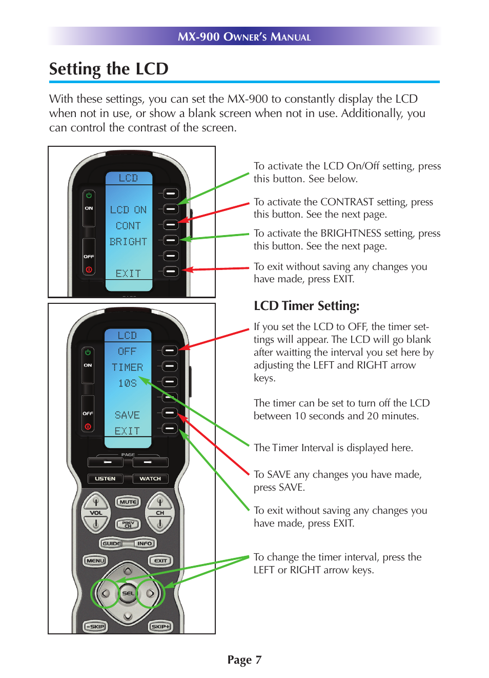 Setting the lcd, Lcd timer setting | Universal Remote Control (URS) MX-900 User Manual | Page 10 / 19