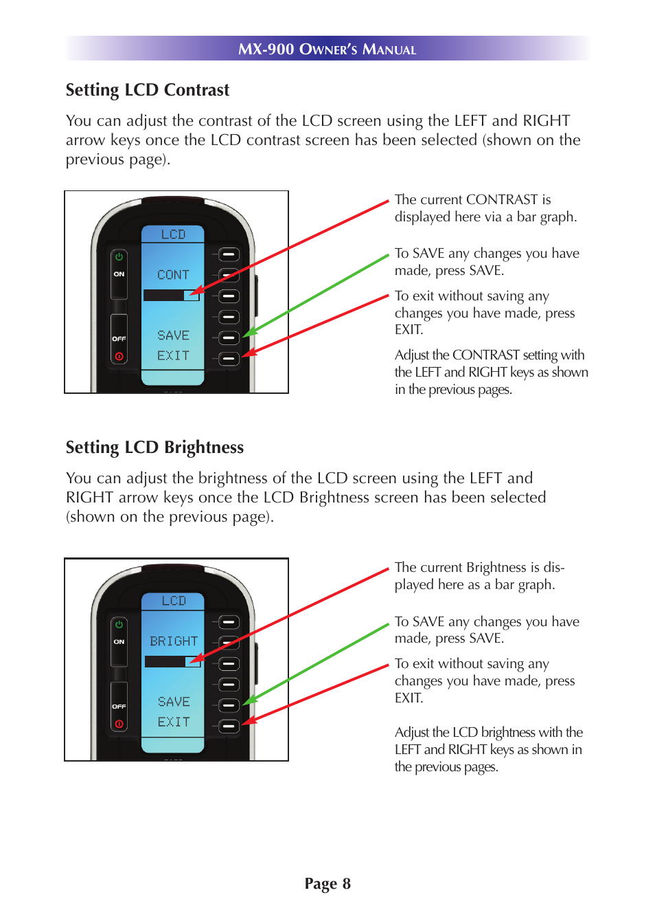 Setting lcd contrast, Setting lcd brightness | Universal Remote Control (URS) MX-900 User Manual | Page 11 / 19