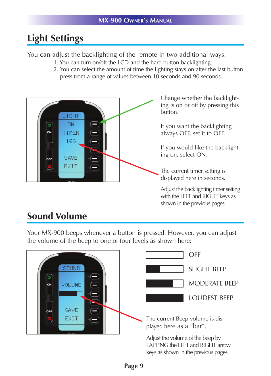 Light settings, Sound volume | Universal Remote Control (URS) MX-900 User Manual | Page 12 / 19