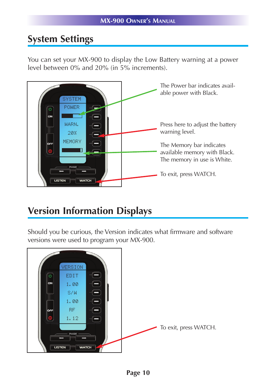 System settings, Version information displays | Universal Remote Control (URS) MX-900 User Manual | Page 13 / 19