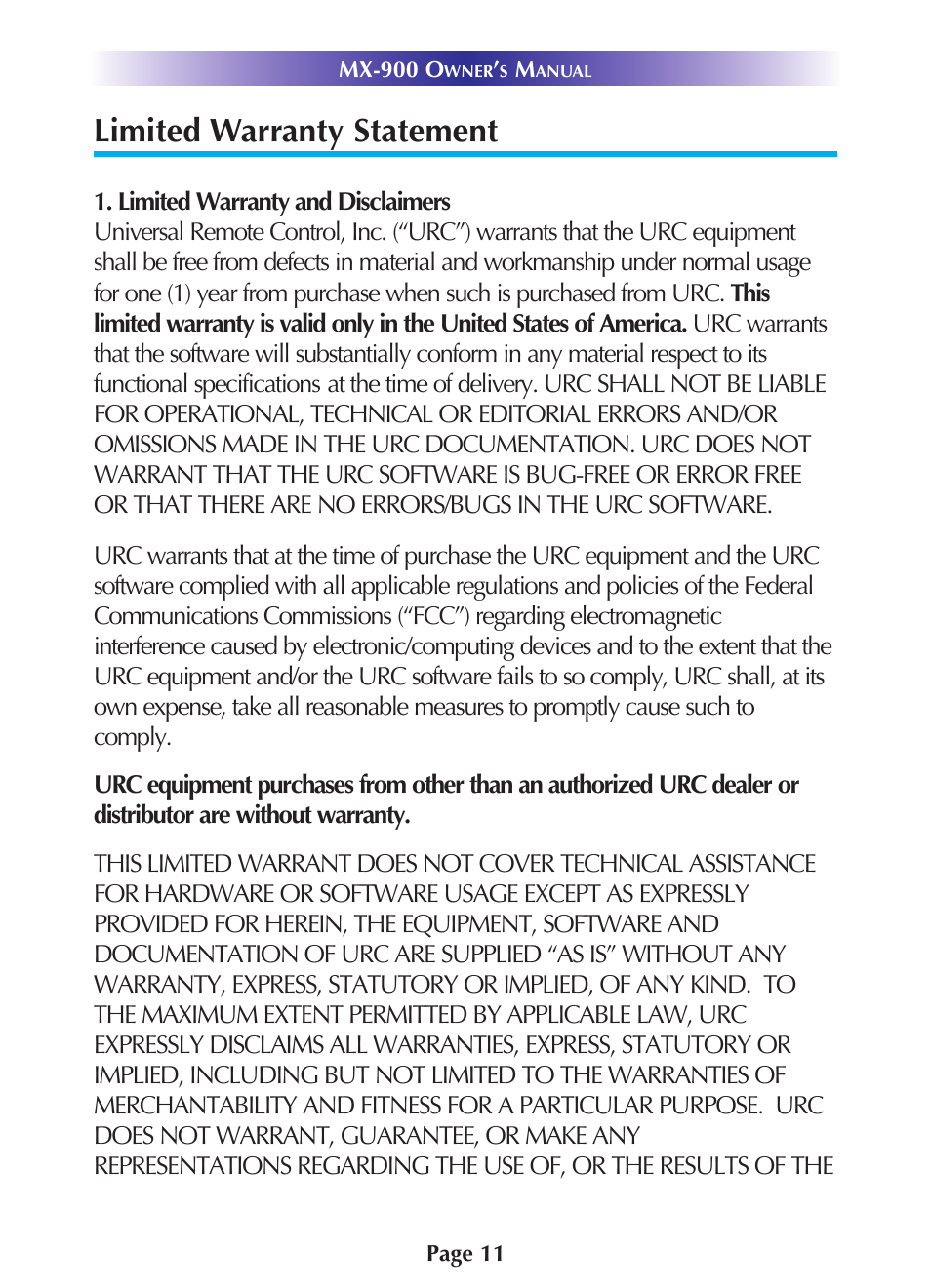 Limited warranty statement | Universal Remote Control (URS) MX-900 User Manual | Page 14 / 19