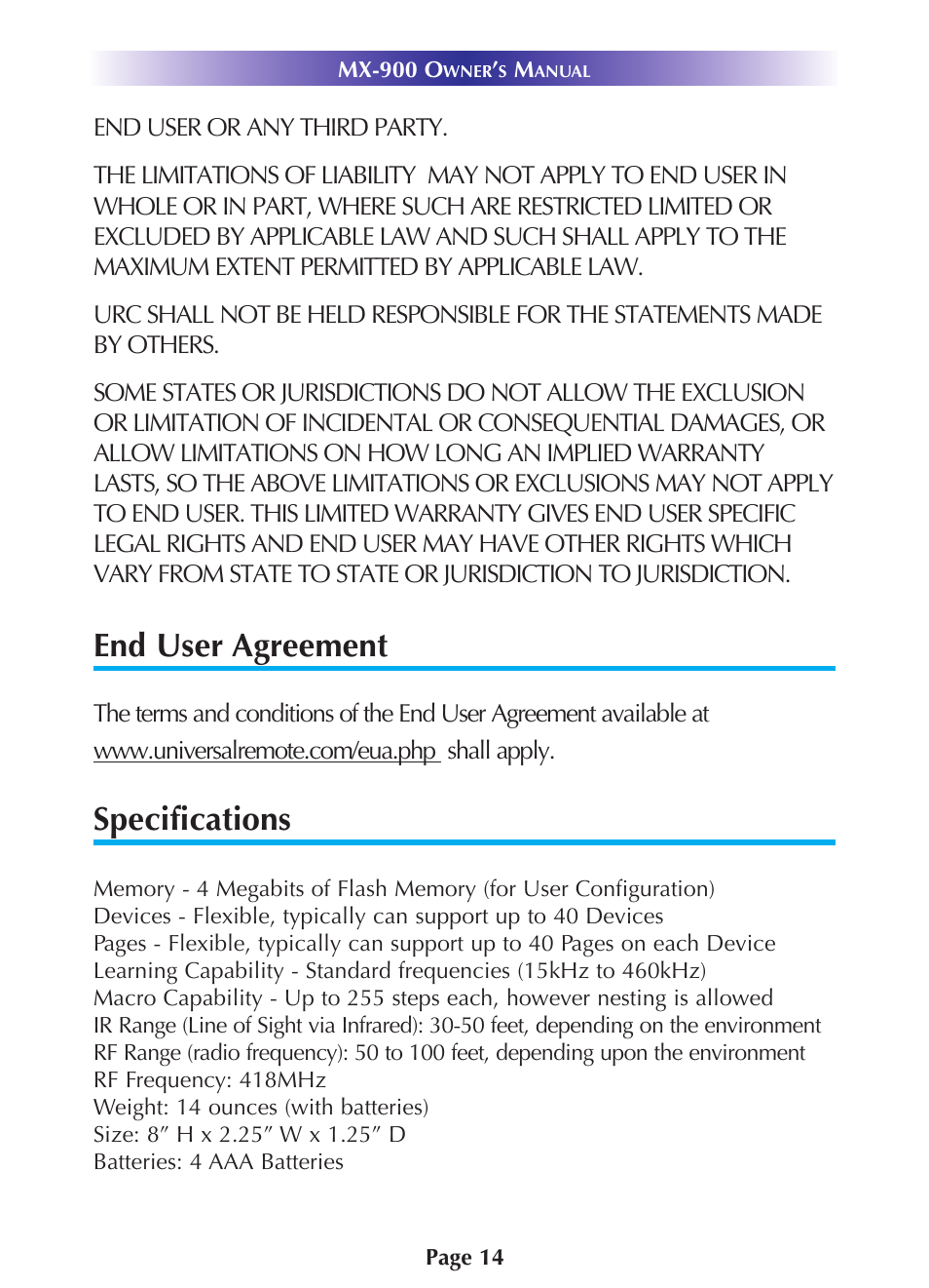 End user agreement, Specifications | Universal Remote Control (URS) MX-900 User Manual | Page 17 / 19
