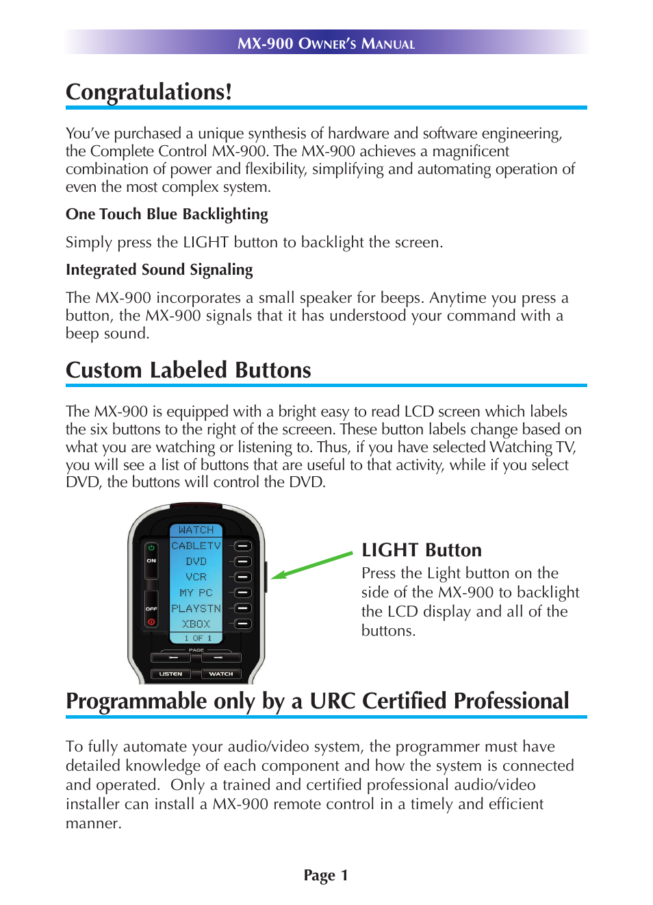 Custom labeled buttons, Programmable only by a urc certified professional, Light button | Universal Remote Control (URS) MX-900 User Manual | Page 4 / 19