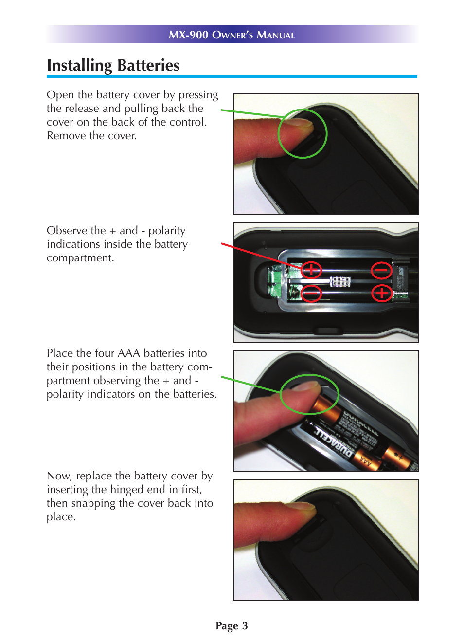 Installing batteries | Universal Remote Control (URS) MX-900 User Manual | Page 6 / 19